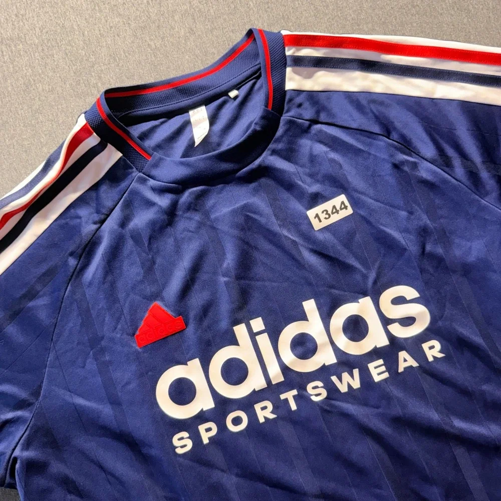 Adidas Sportswear Jersey Shirt Mens Large Navy Blue Red White Stripes Logo Tee
